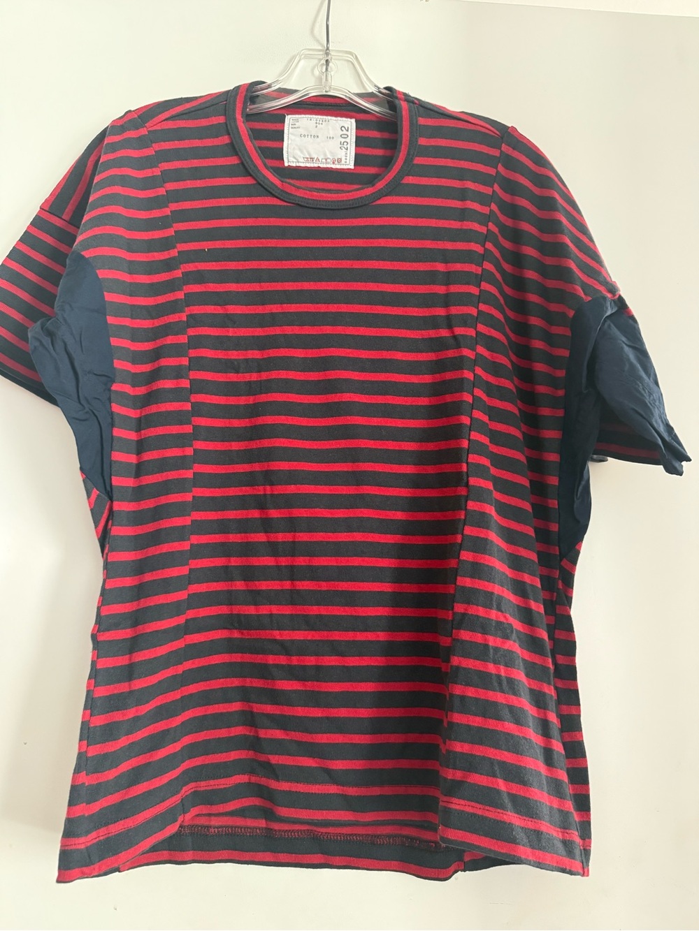 Sacai Women's Striped Hybrid Side-Panel T-Shirt in Red/Navy (Size 2) US M